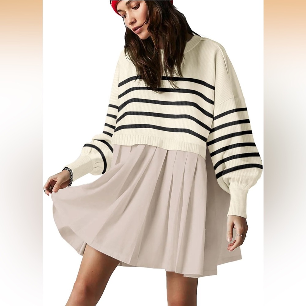 Striped Sweater Dress in Black and Cream Like New